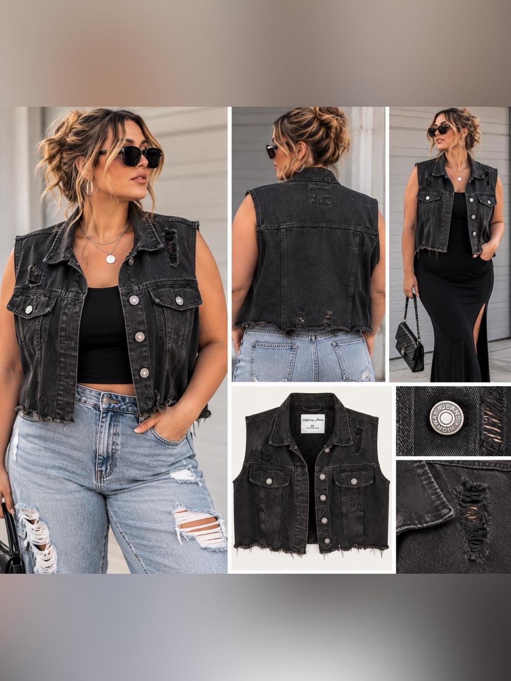 Highway Jeans Black Distressed Cropped Denim Vest 3X Plus Size Y2K Grunge